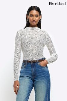 River Island Cream Pleated Lace Top (198353) | 1,602 UAH