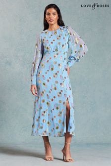 Love & Roses Blue Metallic Jacquard Long Sleeve Midi Dress (198458) | OMR36