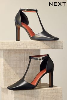 Black Premium Leather Square Toe T Bar Heels (198596) | ￥12,590