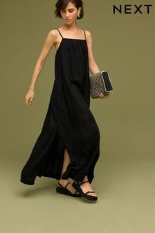 أسود - فستان ماكسي برباط من الخلف يحتوي على الكتان (199404) | 144 ر.س