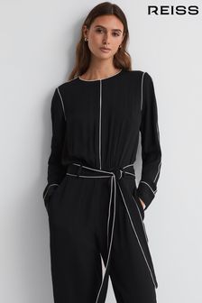 Reiss Black Esther Belted Trim Jumpsuit (199480) | AED1,786