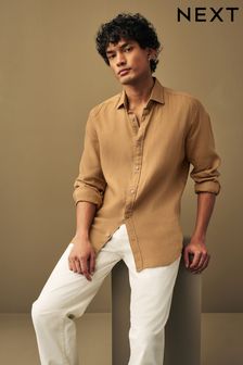Neutral Brown Slim Fit 100% Linen Long Sleeve Shirt (199601) | 180 SAR