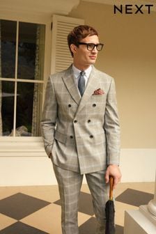 Grey Slim Fit Double Breasted Check Suit Jacket (199710) | LEI 658