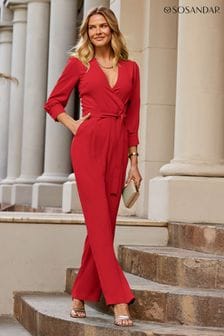 Sosandar Red Tailored Tie Waist Formal Jumpsuit (199893) | 440 QAR