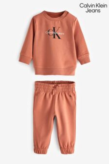 Calvin Klein Jeans Newborn Orange Monogram Logo Sweatshirt Set (1J8913) | $148