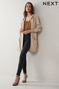 淡褐色棕色 - 舒適長款羅紋連帽開襟毛衣 (1QP255) | NT$1,170