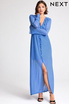 Kobaltowy niebieski - Sukienka maxi z długim rękawem, siateczką i falbaną (1T9704) | 110 zł