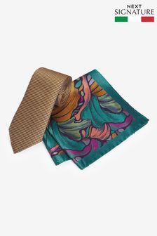 Teal Blue Floral Signature Made In Italy Tie And Pocket Square Set (1YV303) | €67