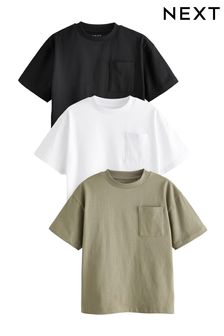 Khaki Green/Black Pocket Detail Relaxed Fit T-Shirt 3 Pack (3-16yrs) (202852) | SGD 26 - SGD 37