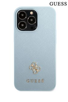 Guess ブルー iPhone 13 Pro スモール ゴールド 4G ロゴ入り Saffiano ケース