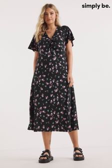 Simply Be Floral Supersoft V-Neck Ruched Black Midi Dress (204211) | €25