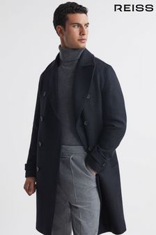 Reiss Navy Attention Wool Check Double Breasted Coat (205657) | €560