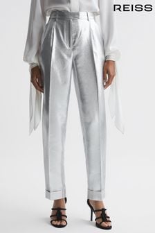 Reiss Silver Sierra Tapered Metallic Trousers with Turn-Ups (205802) | NT$7,680