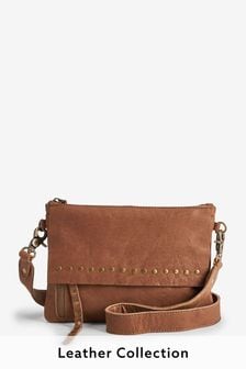 Tan Brown Leather Studded Flap Across-Body Bag (205926) | $55