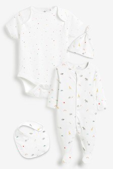 White Character Baby Sleepsuit, Short Sleeve Bodysuit, Bib and Hat Set (0-6mths) (206190) | $30