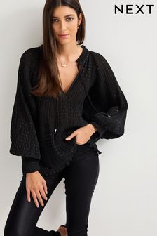 Черный - Блузка с длинными рукавами и завязкой со складками (206297) | €22