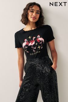 Black - Short Sleeve Christmas Flamingo T-shirt (206527) | DKK170