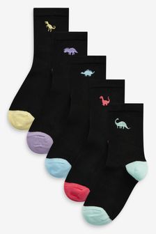 Black Dinosaur Embroidered 5 Pack Soft Handfeel Ankle Socks With Coloured Heel And Toe (207442) | €8.50 - €10