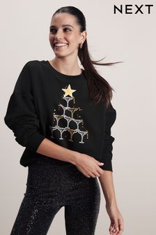 Black Champagne Sparkle Embellished Christmas Novelty Sweatshirt (208026) | kr490