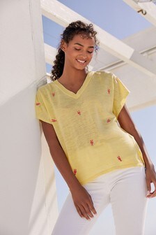 Yellow Linen Mix V-Neck T-Shirt (208131) | ₪ 49