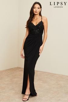 Lipsy Black Petite Applique Lace Cami Maxi Dress (208610) | €78