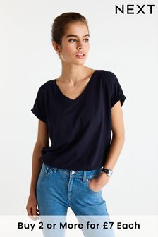 藍色和海軍藍 - V領棉質蓋袖T恤 (208776) | NT$280