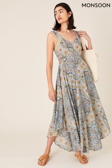 Robe mi-longue Monsoon Miriam bleue imprimée