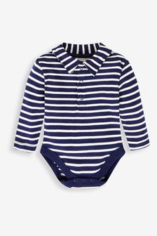 JoJo Maman Bébé Navy Ecru Breton Stripe Plain Long Sleeve Polo Shirt Bodysuit (213917) | €22