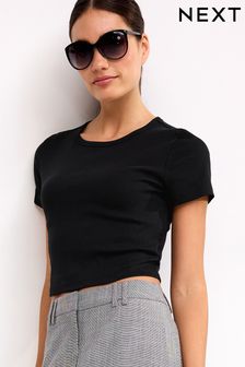 Чорний - Приталена футболка в рубчик з коротким рукавом і круглим вирізом (218322) | 286 ₴