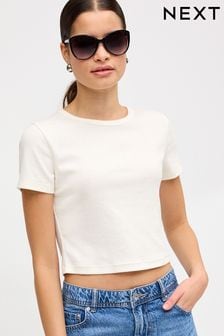 Blanco crudo - Camiseta entallada acanalada de manga corta con cuello redondo (218628) | 11 €