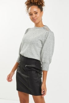 Black Coated Denim Zip Mini Skirt (218746) | 620 UAH