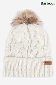 Barbour® White Penshaw Cable Knit Faux Fur Pom Beanie (218785) | $83