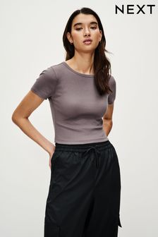 Grau - T-Shirt mit Rundhalsausschnitt und kurzen gerippten Ärmeln (219125) | 12 €