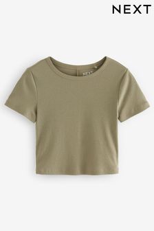 Khakigrün - T-Shirt mit Rundhalsausschnitt und kurzen gerippten Ärmeln (222056) | 12 €