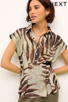 Ecru and Brown Palm Print Short Sleeve Blouse (222429) | $51