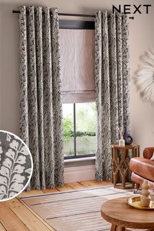 Monochrome Woodblock Floral Eyelet Lined Curtains (222561) | €33 - €105