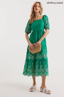 Zielona sukienka warstwowa Jd Williams z bufiastymi rękawami i haftem angielskim (222790) | 157 zł