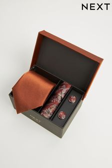 Rostorange - Krawatte, quadratisches Einstecktuch und Manschettenknöpfe im Geschenk-Set (223825) | 42 €