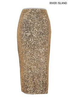 River Island Gold Sequin Midi Skirt
