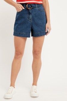 Belted High Waist Denim Shorts