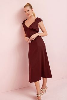 Chocolate Brown Satin V-Neck Dress (227441) | 8 €