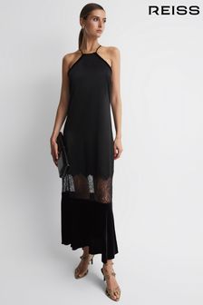 Reiss Black Janelle Fitted Satin-Velvet Midi Dress (227668) | $652