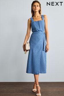 Blue Stripe Linen Blend Wrap Midi Skirt (22A951) | kr398