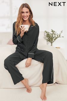 Black With White Piping Button Through Pyjamas (230219) | $70