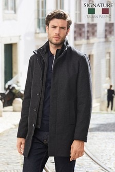 Charcoal Grey Italian Fabric Funnel Neck Coat With Removable Gilet (230307) | $194