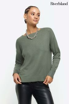 River Island Green Diamante Sweat Top (230407) | €16