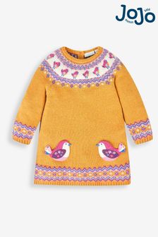 Pájaro amarillo mostaza - Vestido de niña con diseño de grecas alpinas de punto de Jojo Maman Bébé (233872) | 51 €