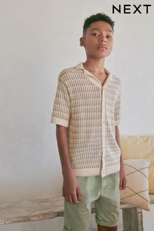 Neutral Crochet Stripe Short Sleeved Polo Shirt (3-16yrs) (234797) | Kč570 - Kč760