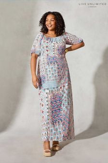 Brązowa sukienka maxi Live Unlimited Curve z kolorowym nadrukiem mozaiki i dekoltem bardot (235086) | 500 zł