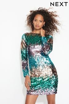 Цвет морской волны - Платье мини с длинными рукавами и пайетками (236938) | €28